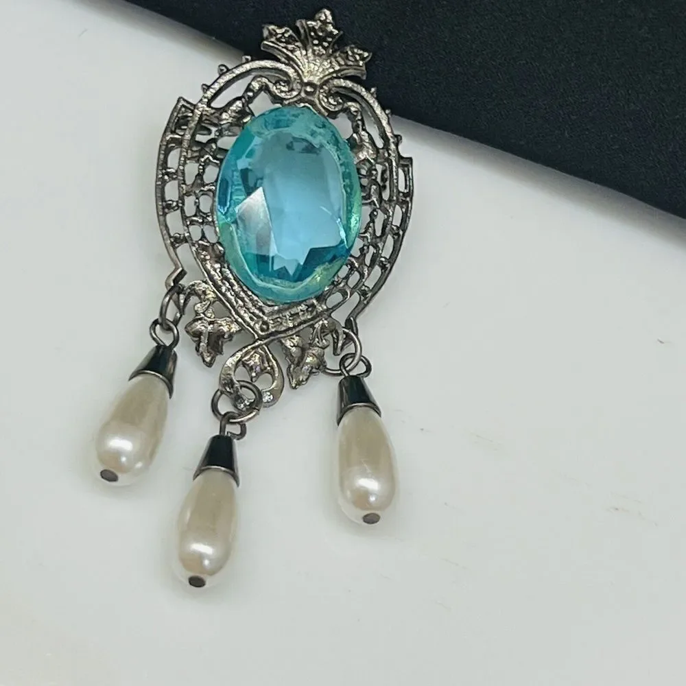 Vintage Brooch Faux Topaz Pearl Dangle Edwardian Inspired Costume Silver 1181